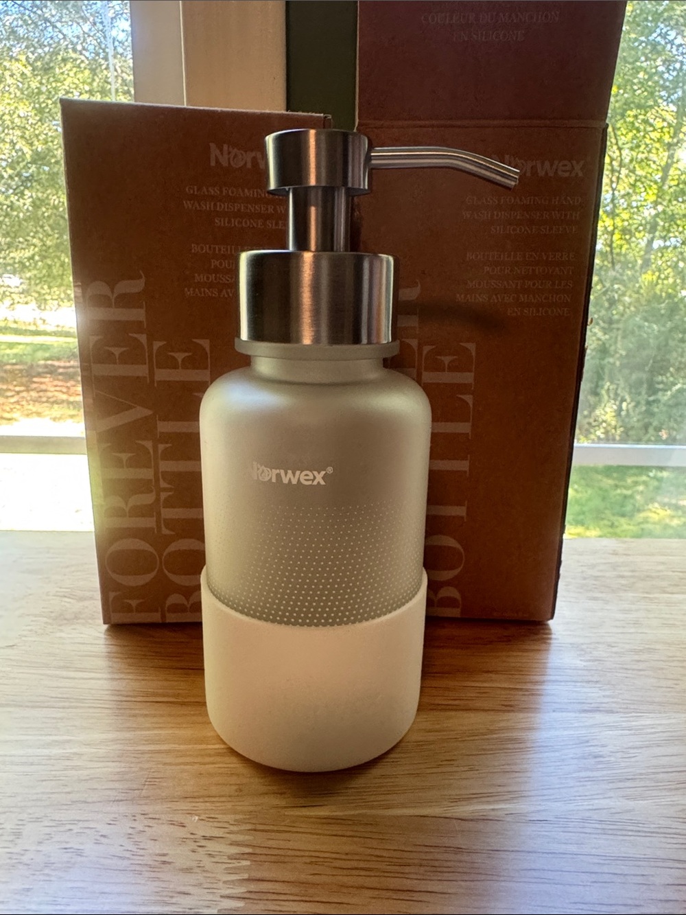 Norwex Frosted White Glass Foaming Soap Dispenser with Silver Pump